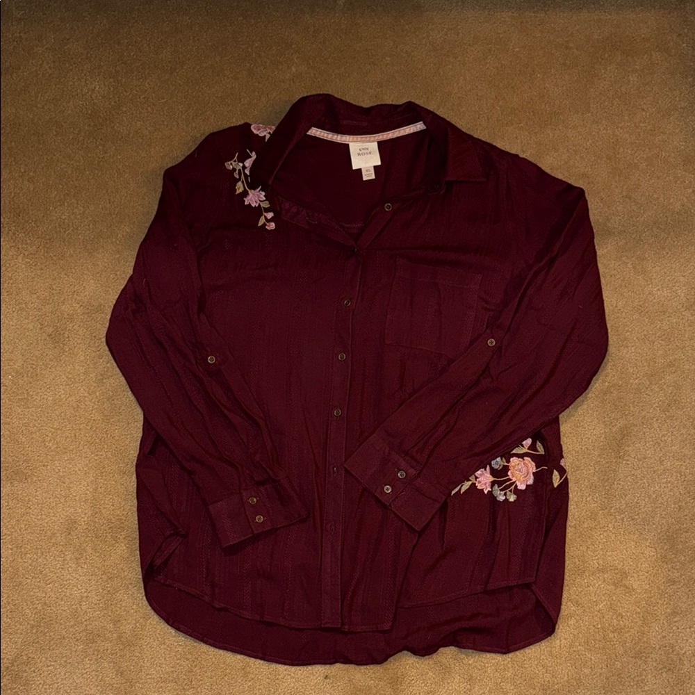 Knox Rose Burgundy Button Down Shirt with Floral Embroidery